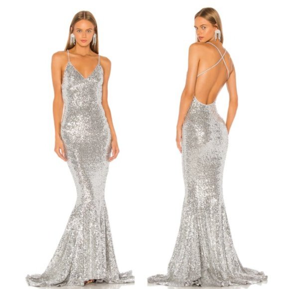 Norma Kamali Dresses & Skirts - Norma Kamali Silver Sequin Mermaid Fishtail Maxi Dress Gown - Size L